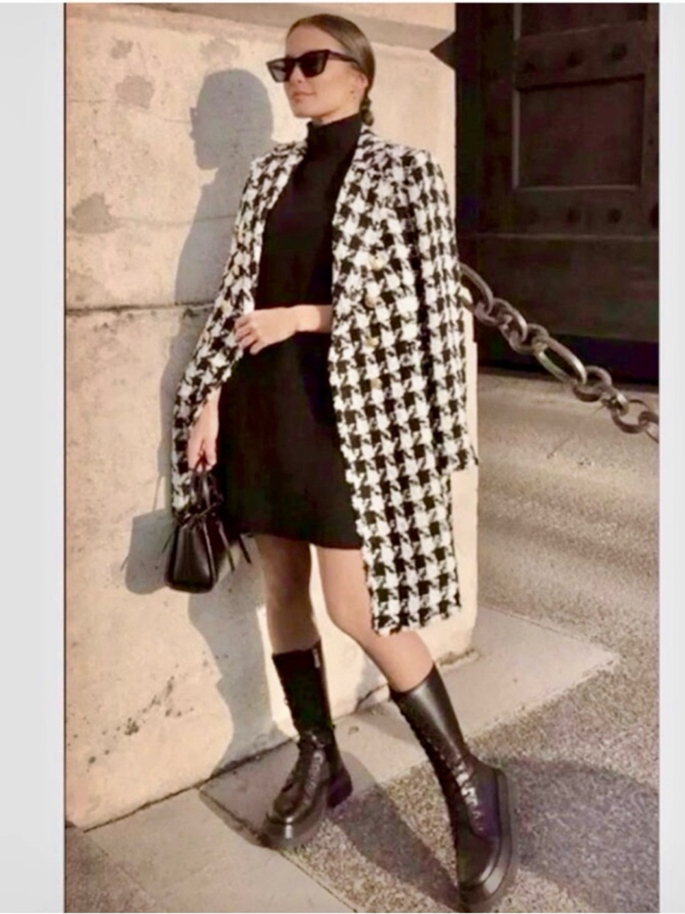 Zara Black & White Houndstooth Double-Breasted Blazer Coat
